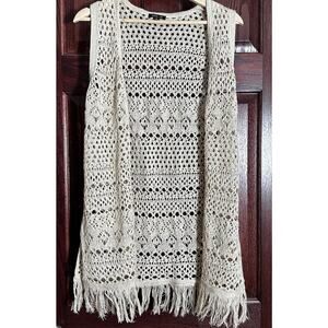 Karissa + Me Crochet Fringe Boho Festival Vest Duster Cream Open Knit M